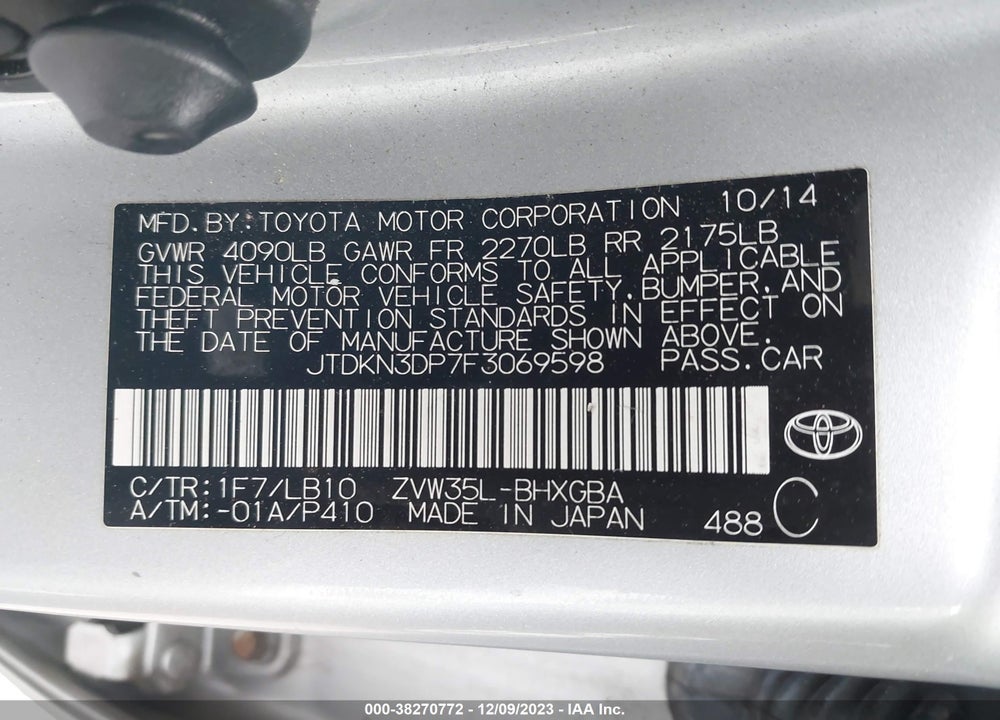 2015 TOYOTA PRIUS PLUG-IN ADVANCED VIN: JTDKN3DP7F3069598