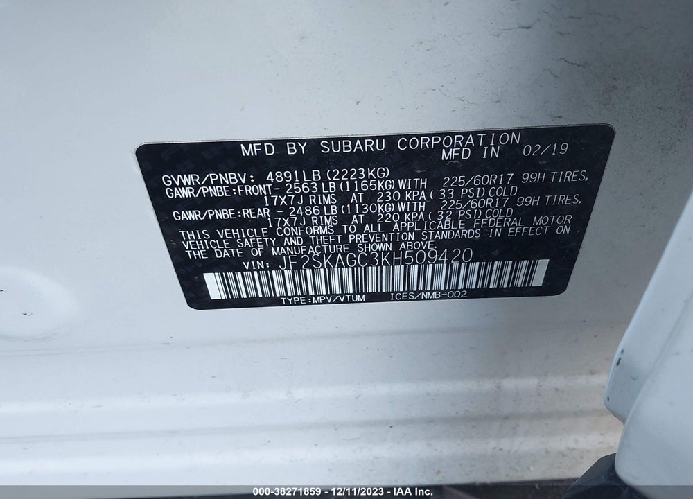 2019 SUBARU FORESTER PREMIUM VIN: JF2SKAGC3KH509420