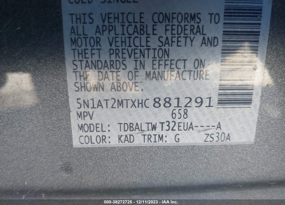 2017 NISSAN ROGUE SV VIN: 5N1AT2MTXHC881291