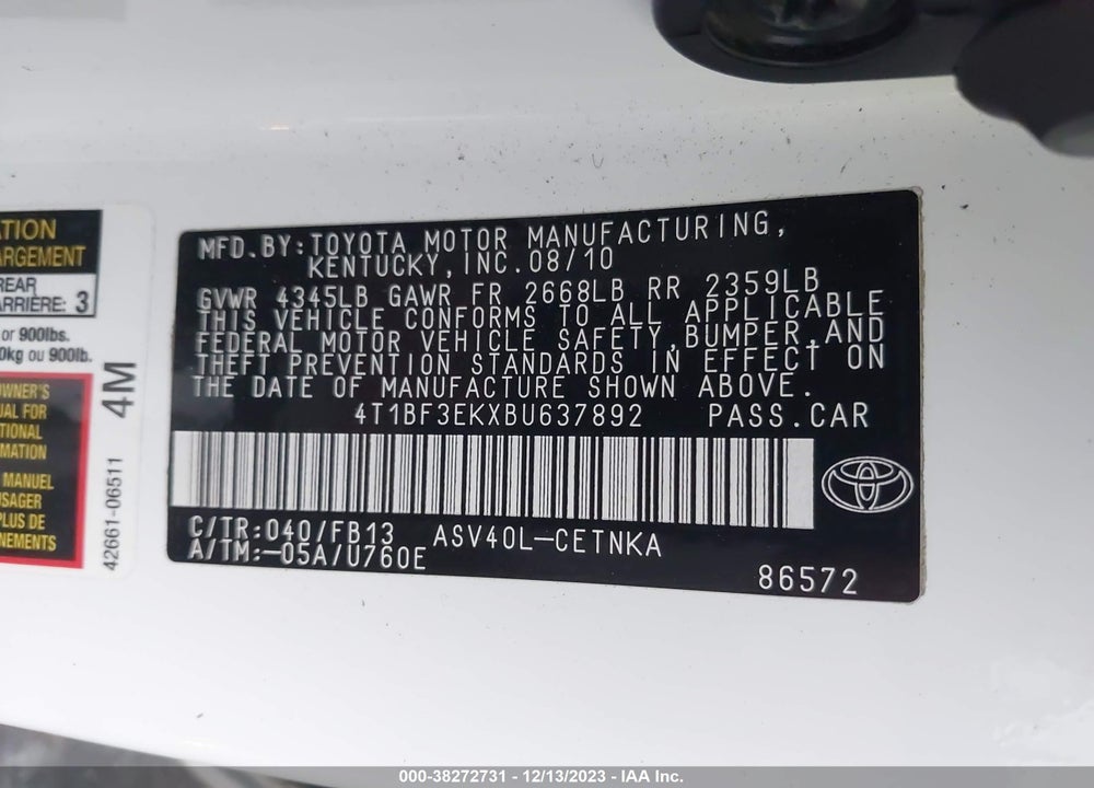 2011 TOYOTA CAMRY LE VIN: 4T1BF3EKXBU637892
