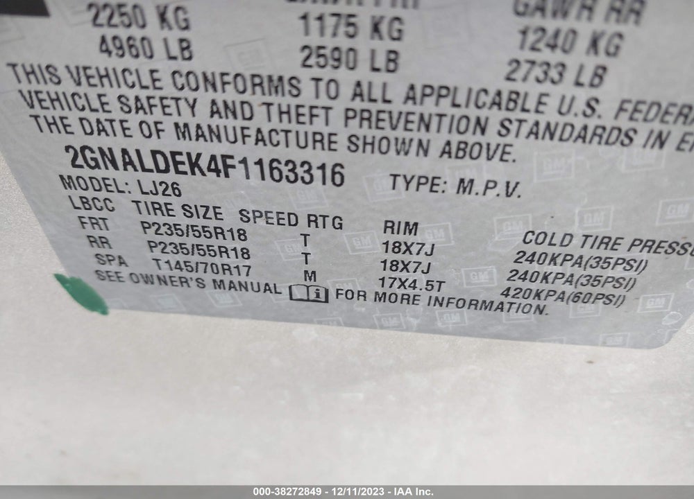 2015 CHEVROLET EQUINOX LTZ VIN: 2GNALDEK4F1163316