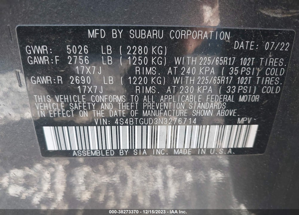 2022 SUBARU OUTBACK WILDERNESS VIN: 4S4BTGUD3N3276714