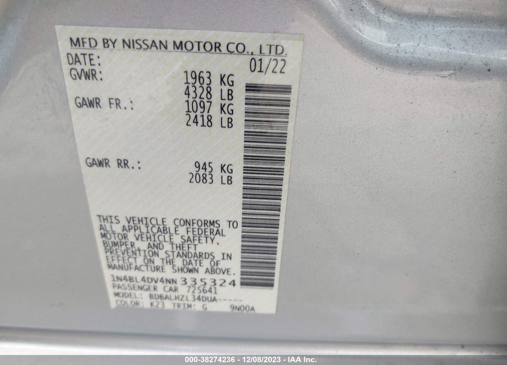 2022 NISSAN ALTIMA 2.5 SV VIN: 1N4BL4DV4NN335324