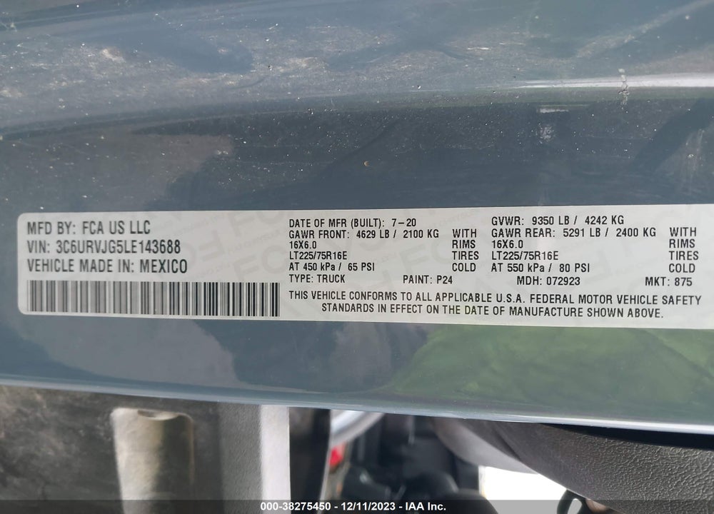 2020 RAM PROMASTER CARGO VAN HIGH ROOF VIN: 3C6URVJG5LE143688