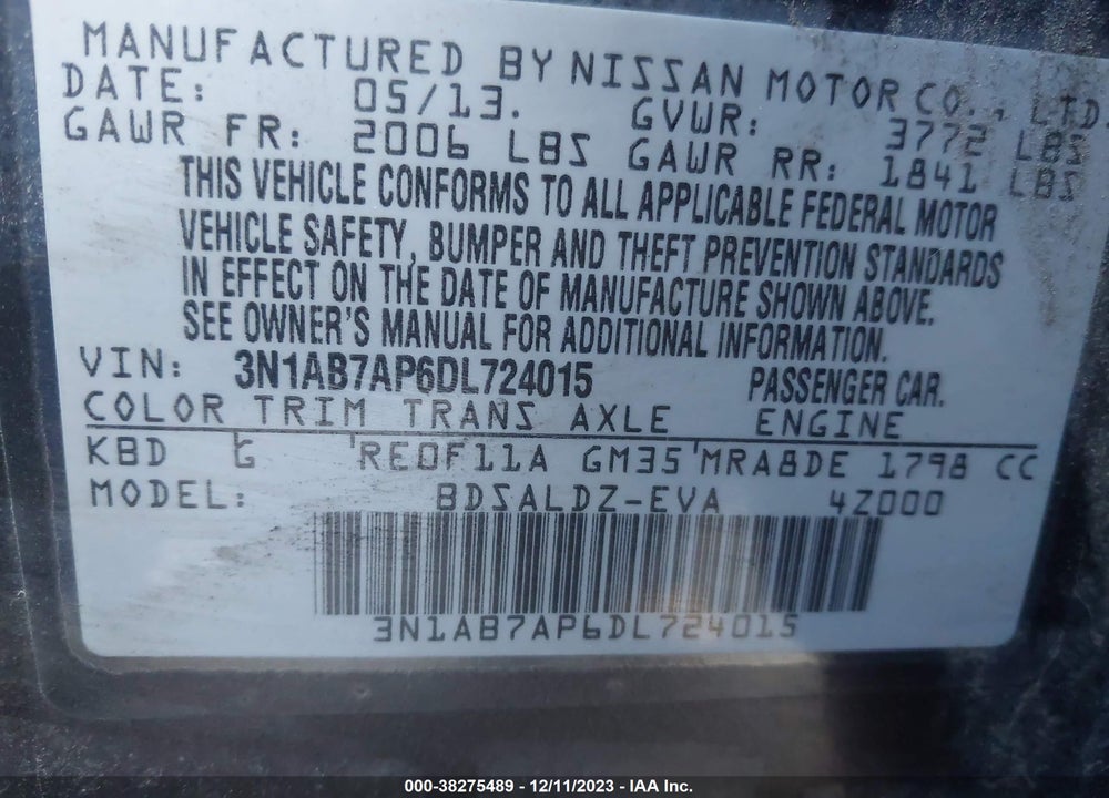 2013 NISSAN SENTRA SV VIN: 3N1AB7AP6DL724015