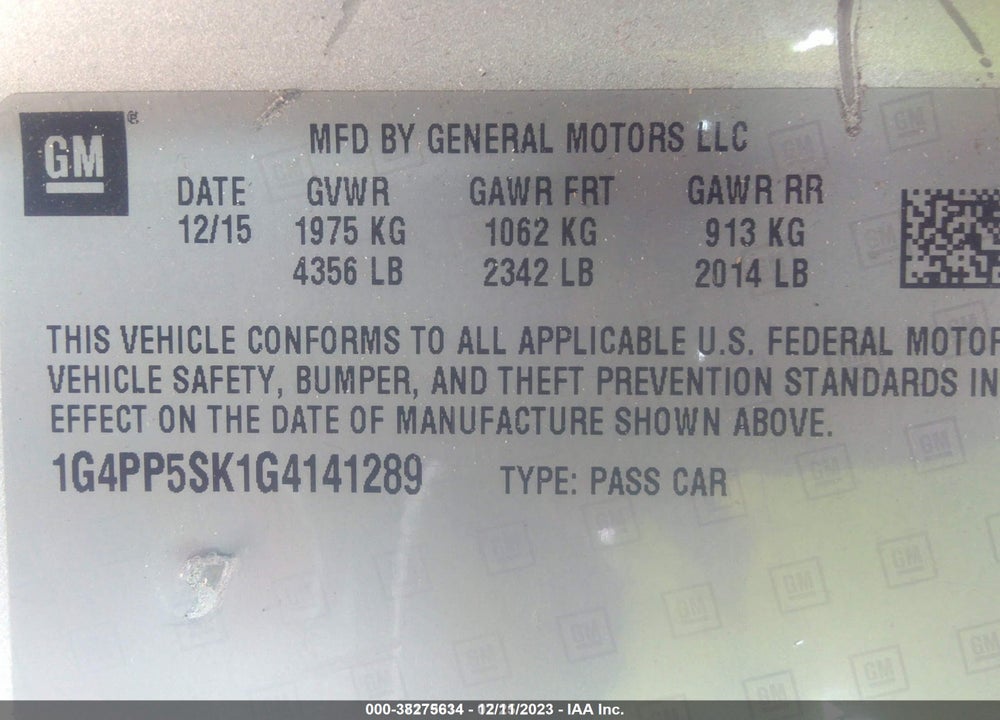 2016 BUICK VERANO VIN: 1G4PP5SK1G4141289
