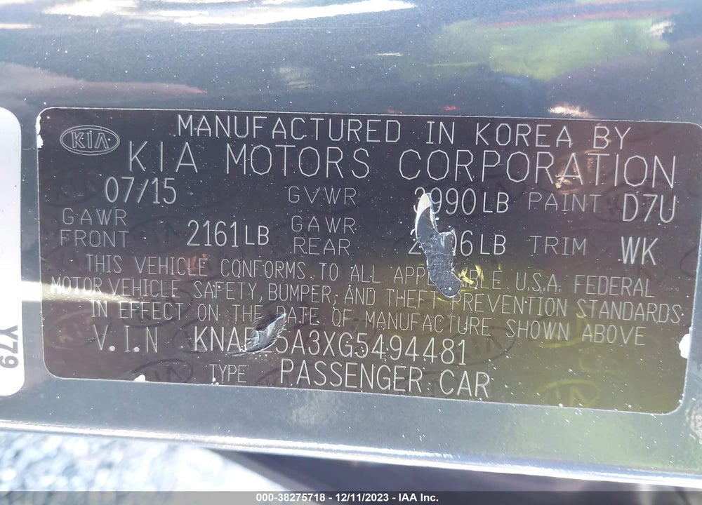 2016 KIA FORTE 5-DOOR SX VIN: KNAFZ5A3XG5494481