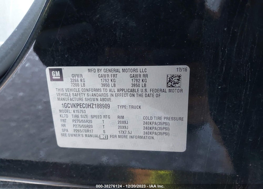 2017 CHEVROLET SILVERADO 1500 CUSTOM VIN: 1GCVKPEC0HZ188909