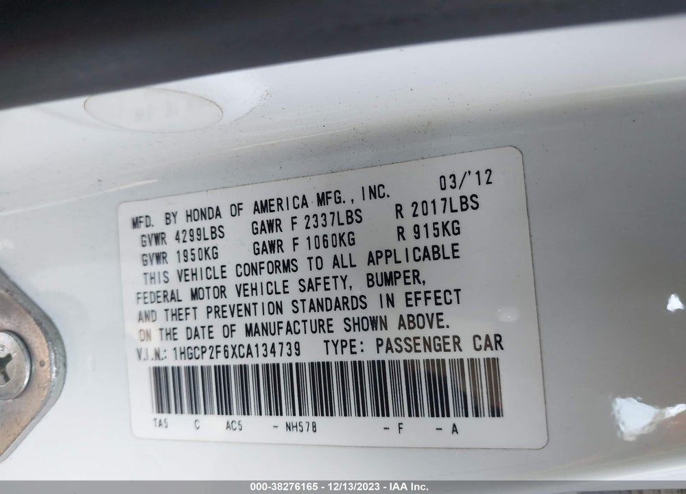 2012 HONDA ACCORD 2.4 SE VIN: 1HGCP2F6XCA134739