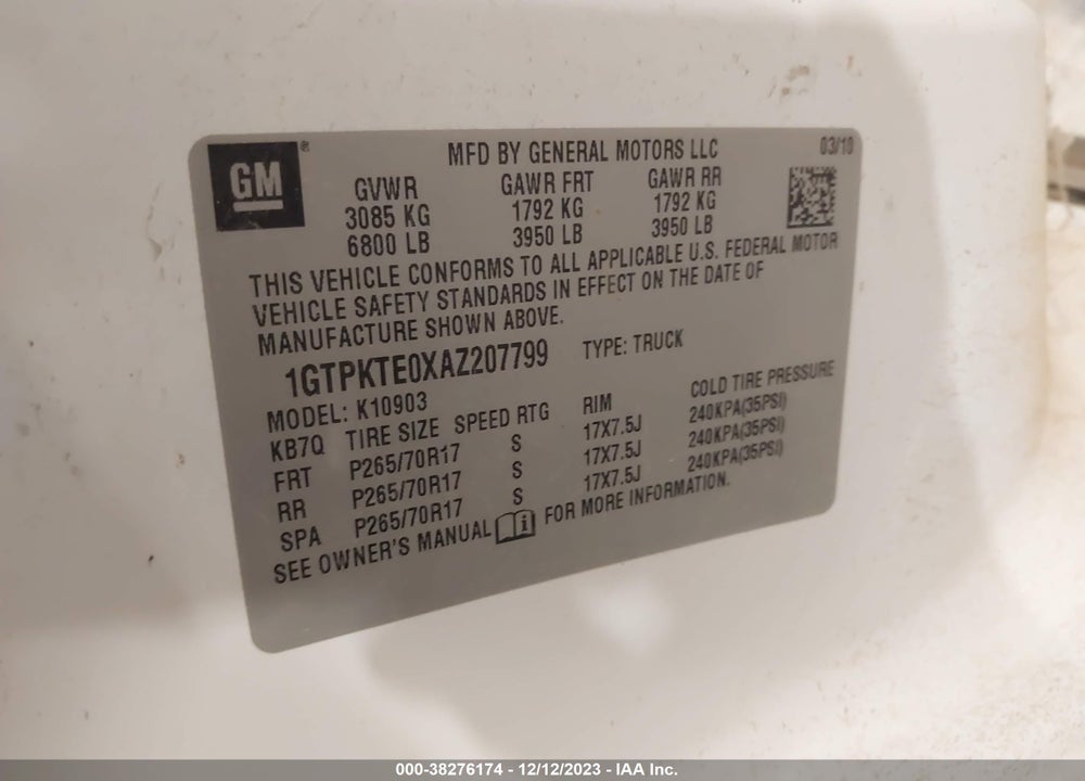 2010 GMC SIERRA 1500 WORK TRUCK VIN: 1GTPKTE0XAZ207799