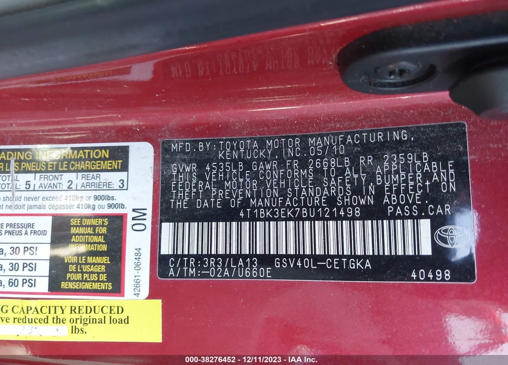 2011 TOYOTA CAMRY XLE V6 VIN: 4T1BK3EK7BU121498