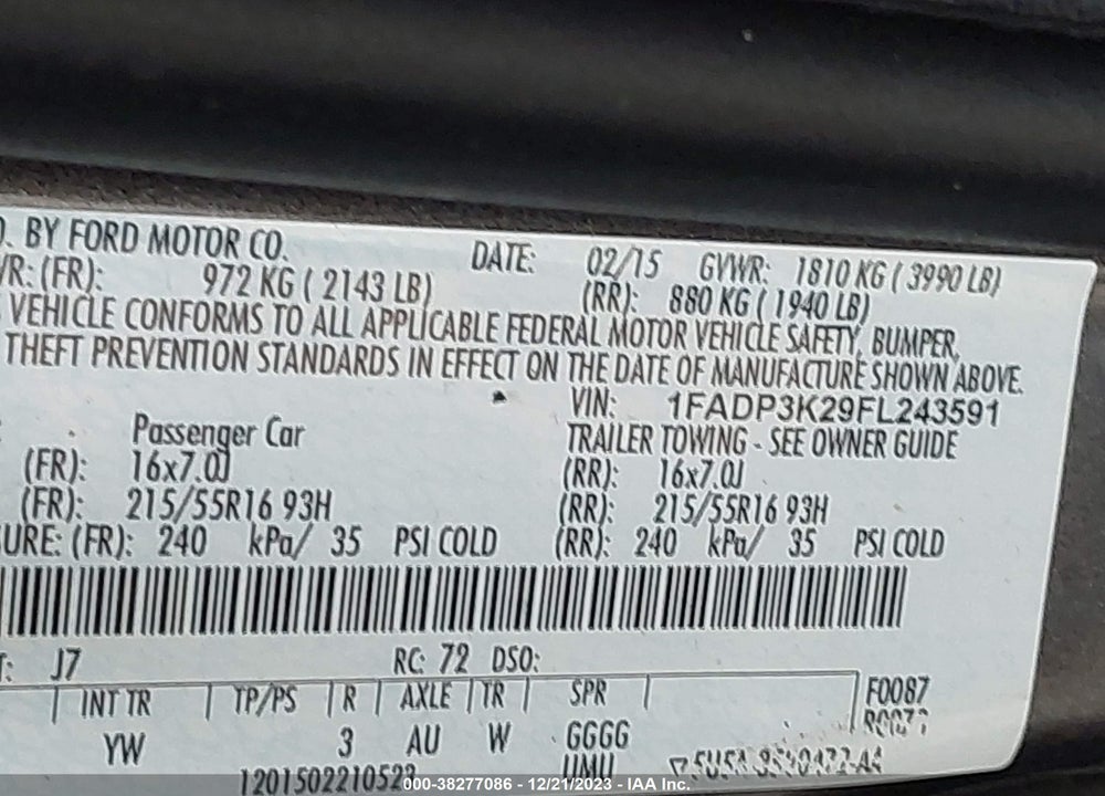 2015 FORD FOCUS SE VIN: 1FADP3K29FL243591