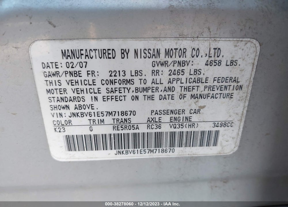 2007 INFINITI G35 VIN: JNKBV61E57M718670