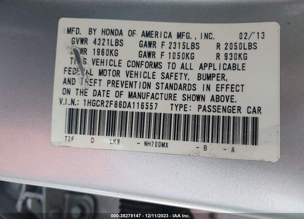2013 HONDA ACCORD SDN EX-L VIN: 1HGCR2F86DA116557