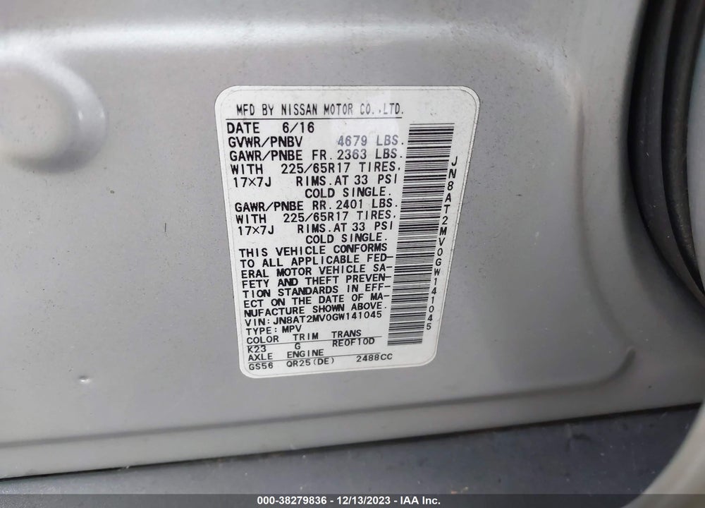 2016 NISSAN ROGUE VIN: JN8AT2MV0GW141045