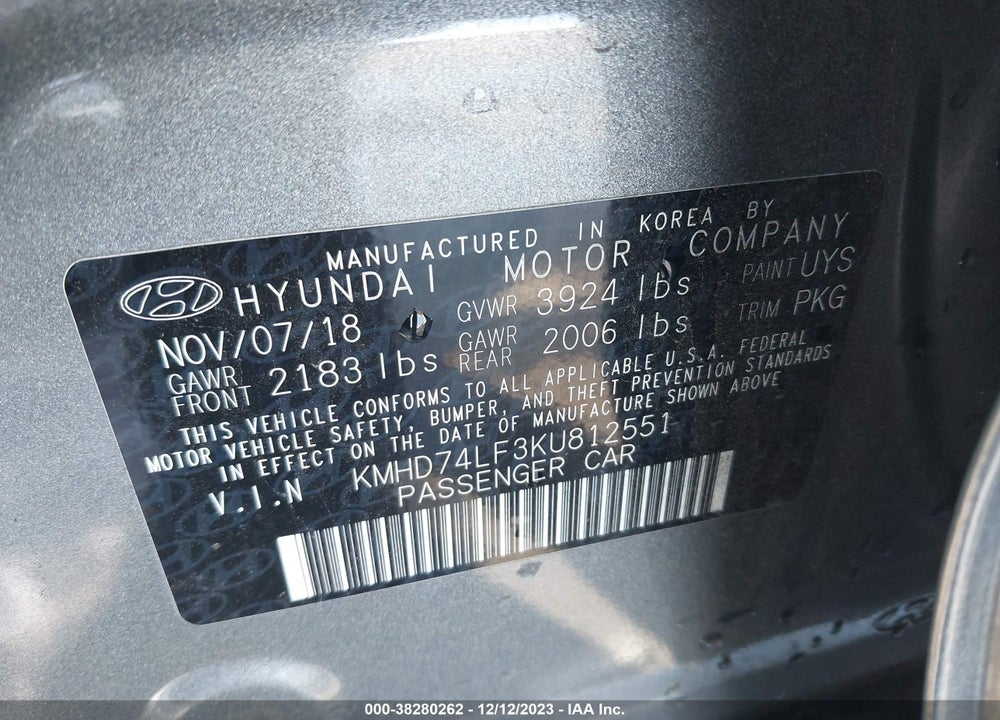 2019 HYUNDAI ELANTRA SE VIN: KMHD74LF3KU812551