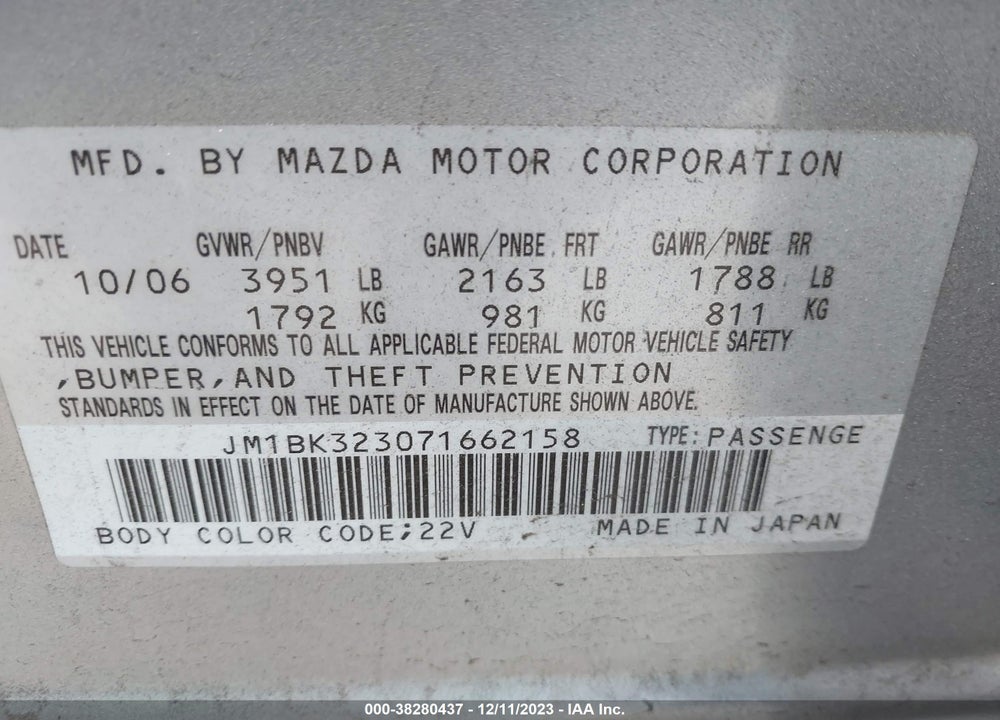 2007 MAZDA 3 S SPORT VIN: JM1BK323071662158