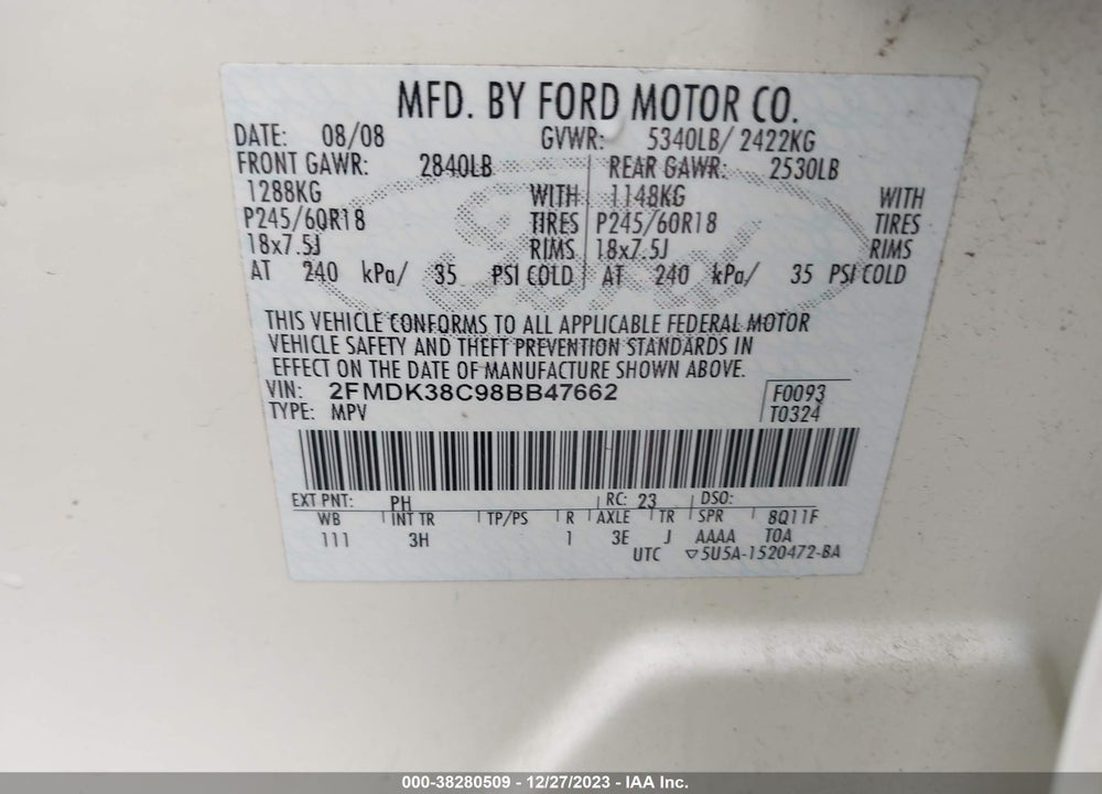2008 FORD EDGE SEL VIN: 2FMDK38C98BB47662