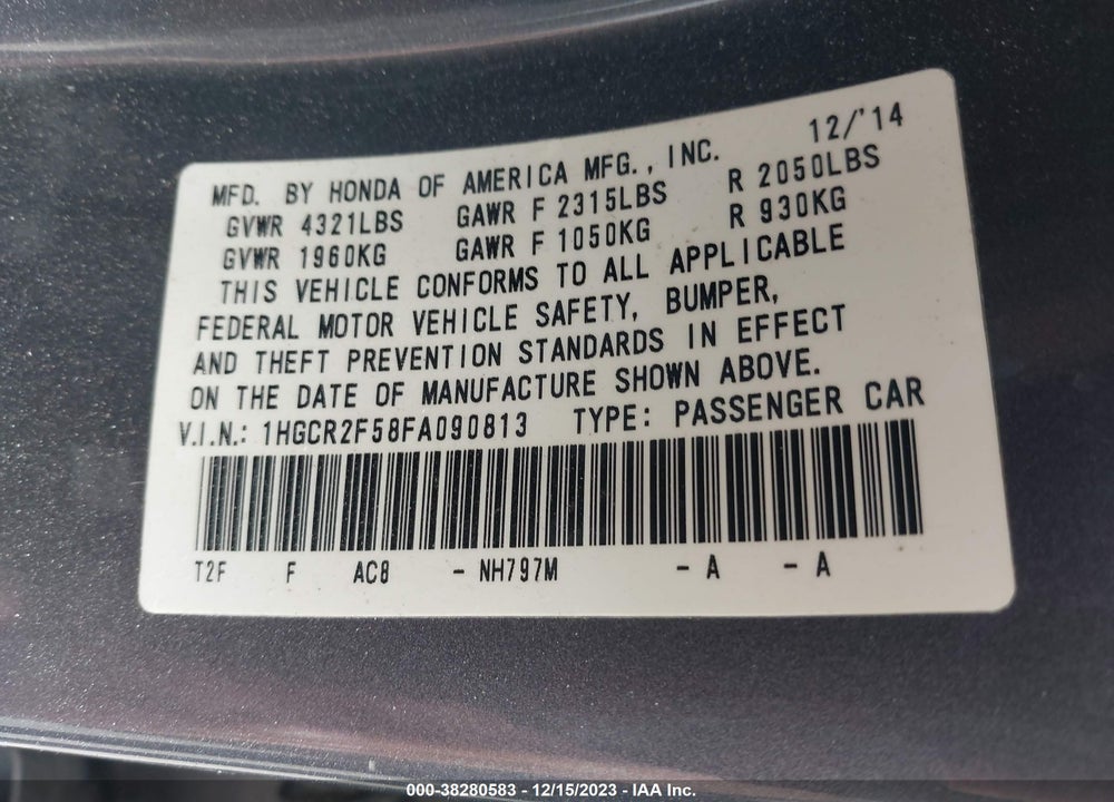 2015 HONDA ACCORD SPORT VIN: 1HGCR2F58FA090813