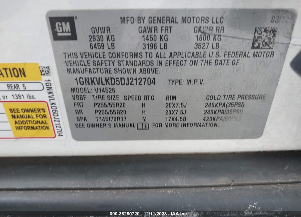 2013 CHEVROLET TRAVERSE LTZ VIN: 1GNKVLKD5DJ212704