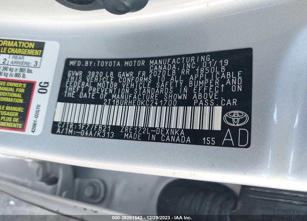 2019 TOYOTA COROLLA LE VIN: 2T1BURHE0KC241700