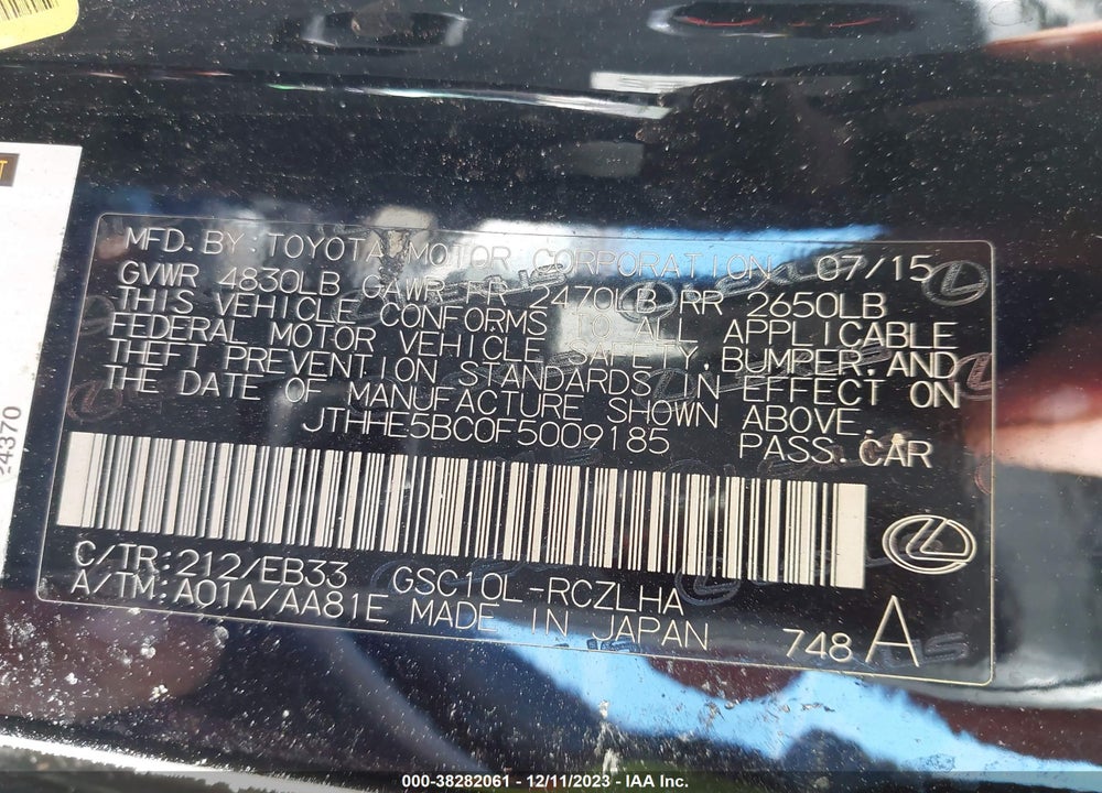 2015 LEXUS RC 350 BASE A8 VIN: JTHHE5BC0F5009185