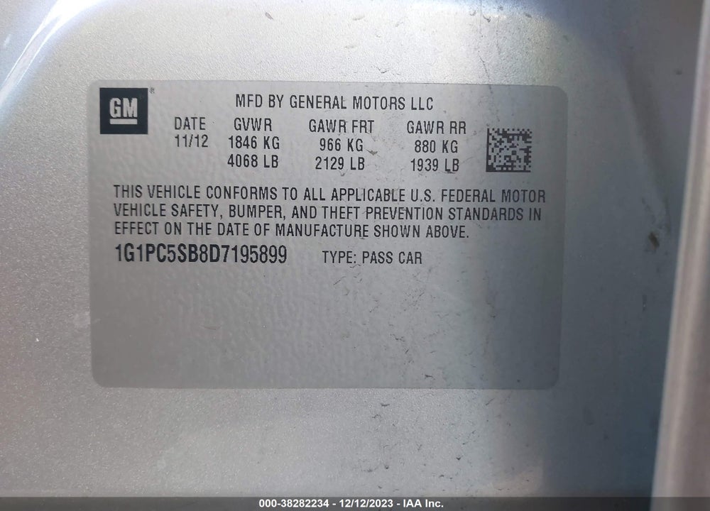 2013 CHEVROLET CRUZE 1LT VIN: 1G1PC5SB8D7195899