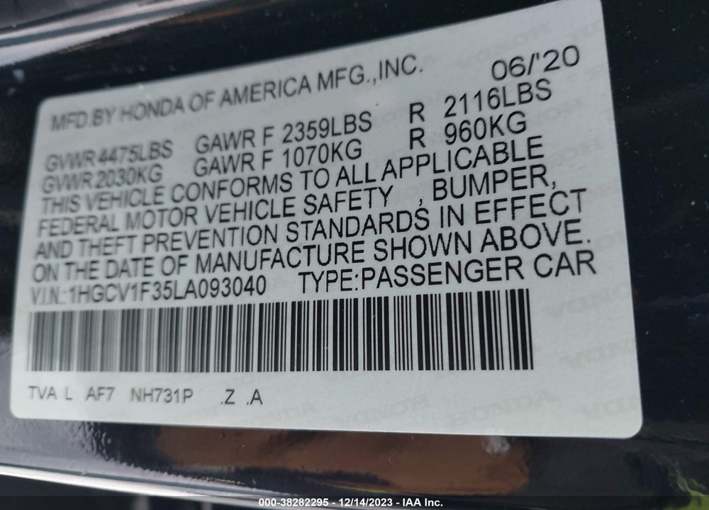 2020 HONDA ACCORD SPORT VIN: 1HGCV1F35LA093040