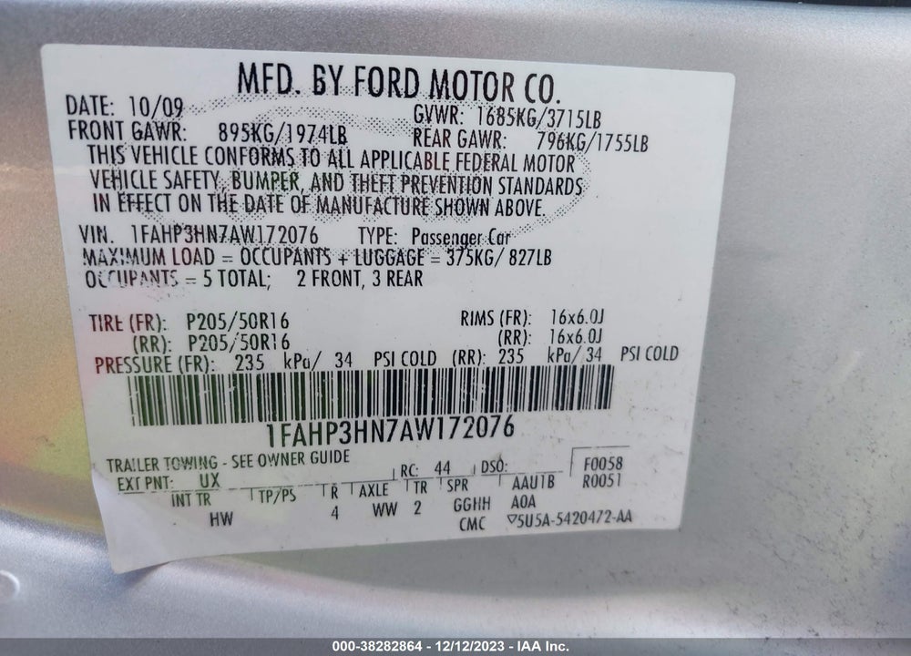 2010 FORD FOCUS SEL VIN: 1FAHP3HN7AW172076