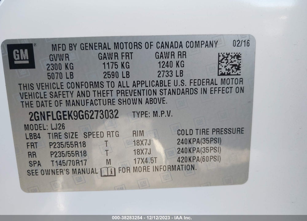 2016 CHEVROLET EQUINOX LTZ VIN: 2GNFLGEK9G6273032
