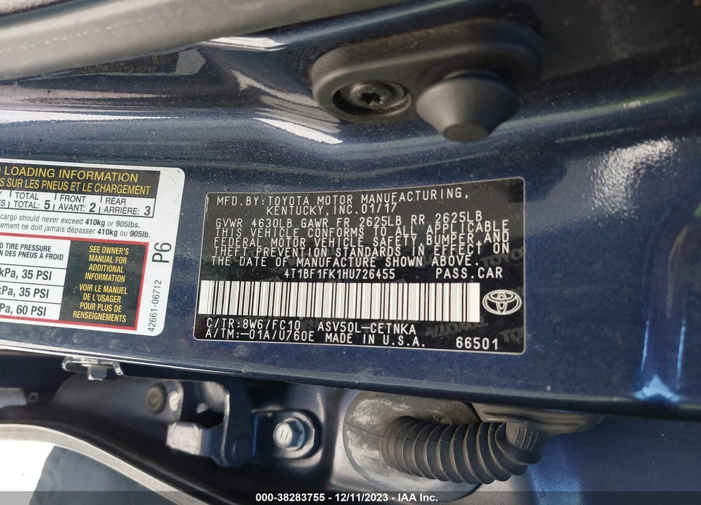 2017 TOYOTA CAMRY LE VIN: 4T1BF1FK1HU726455