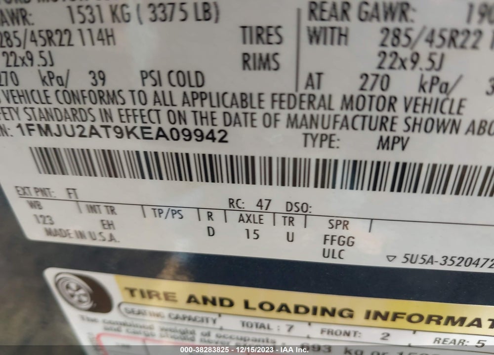 2019 FORD EXPEDITION LIMITED VIN: 1FMJU2AT9KEA09942