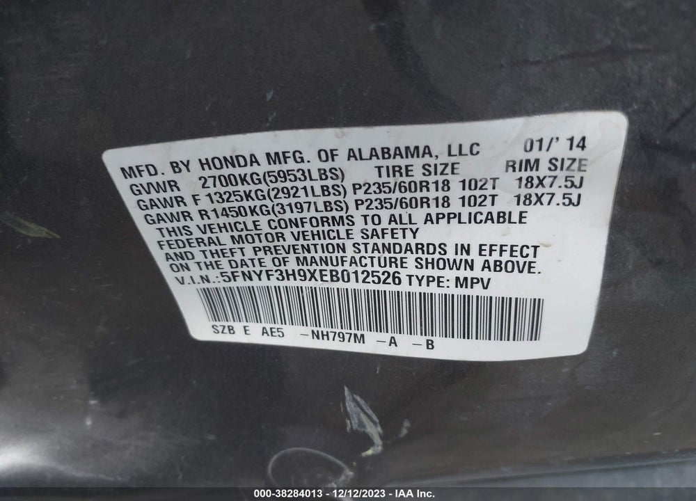 2014 HONDA PILOT TOURING VIN: 5FNYF3H9XEB012526