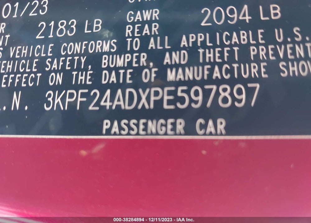2023 KIA FORTE LXS VIN: 3KPF24ADXPE597897