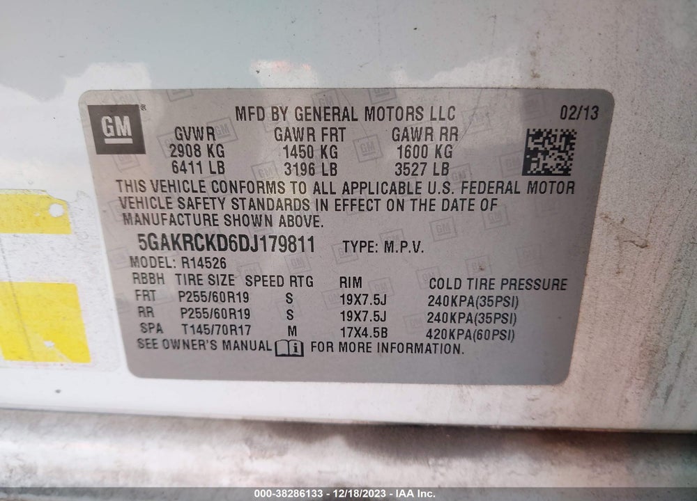 2013 BUICK ENCLAVE LEATHER VIN: 5GAKRCKD6DJ179811