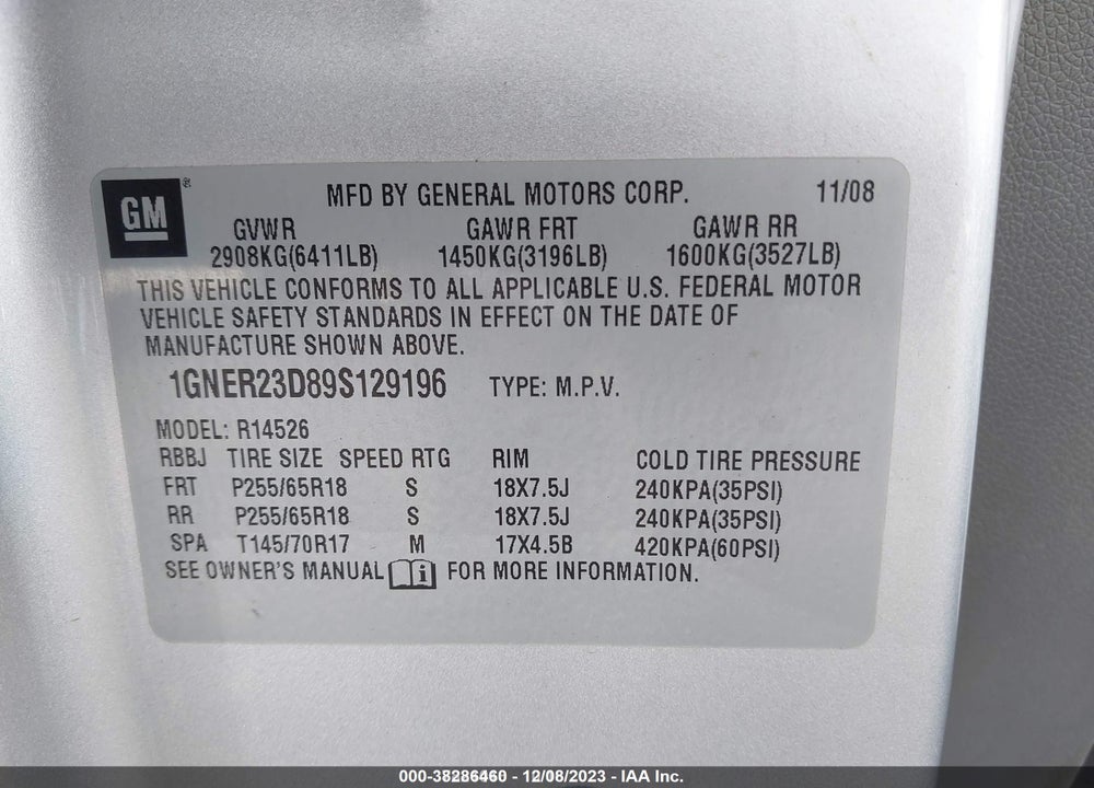 2009 CHEVROLET TRAVERSE LT VIN: 1GNER23D89S129196
