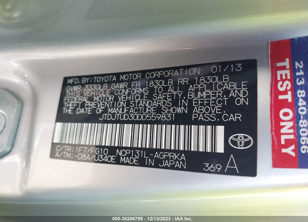 2013 TOYOTA YARIS L VIN: JTDJTUD30DD559831