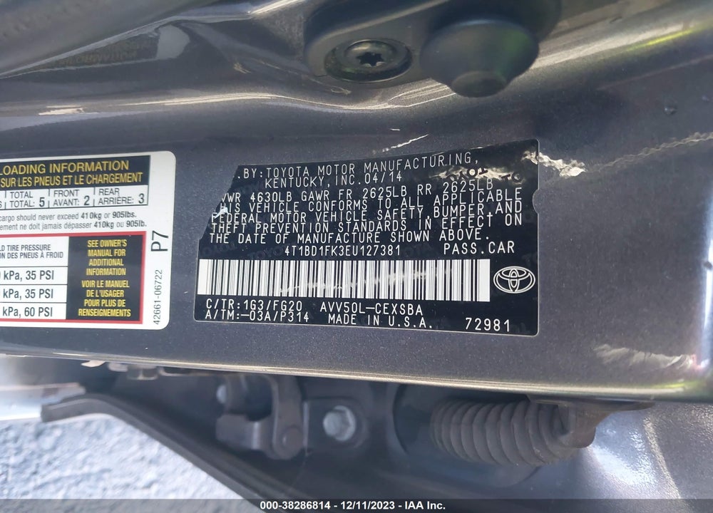 2014 TOYOTA CAMRY HYBRID VIN: 4T1BD1FK3EU127381