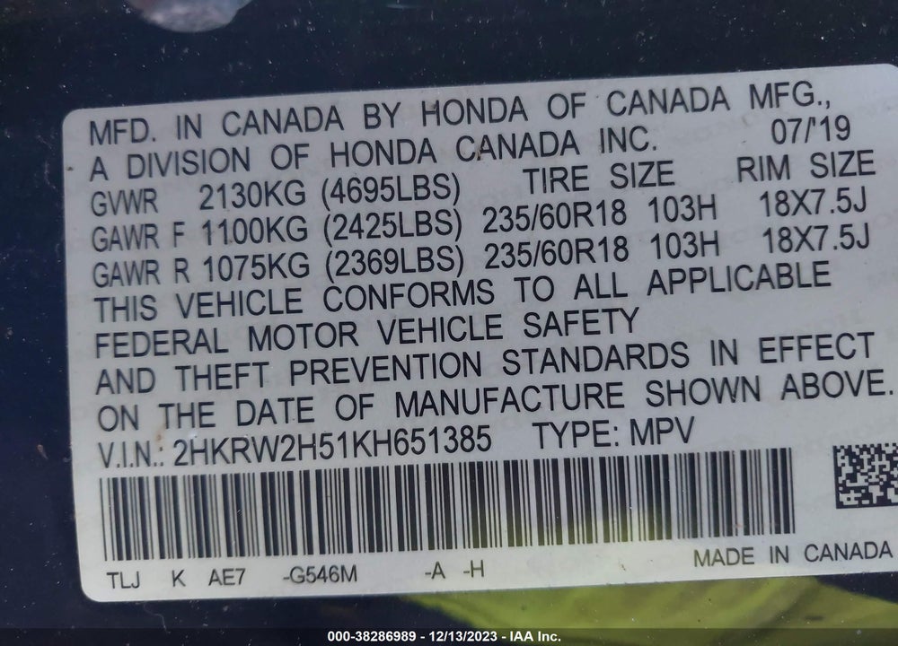 2019 HONDA CR-V EX VIN: 2HKRW2H51KH651385