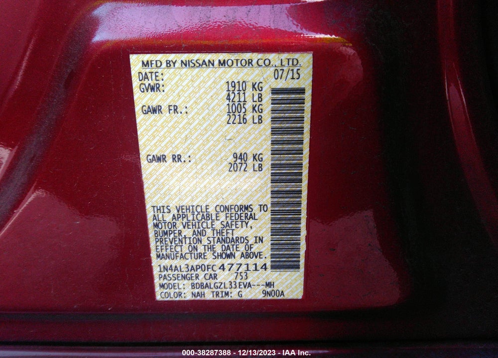 2015 NISSAN ALTIMA 2.5 S VIN: 1N4AL3AP0FC477114
