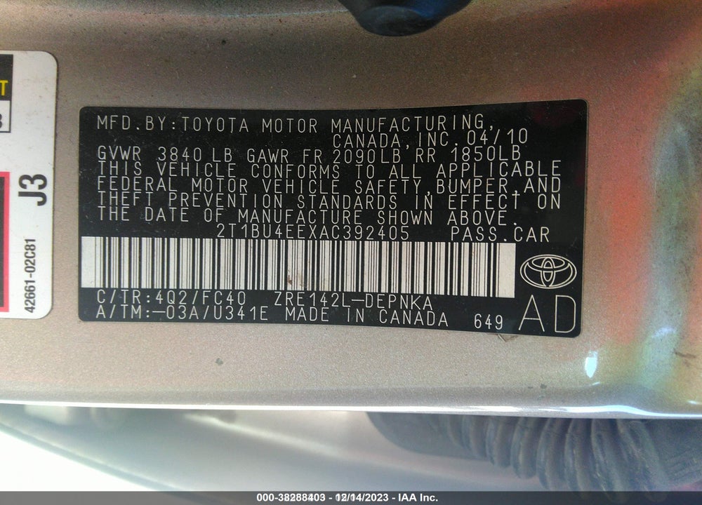 2010 TOYOTA COROLLA XLE VIN: 2T1BU4EEXAC392405