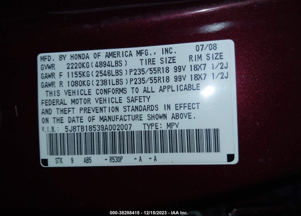 2009 ACURA RDX VIN: 5J8TB18539A002007