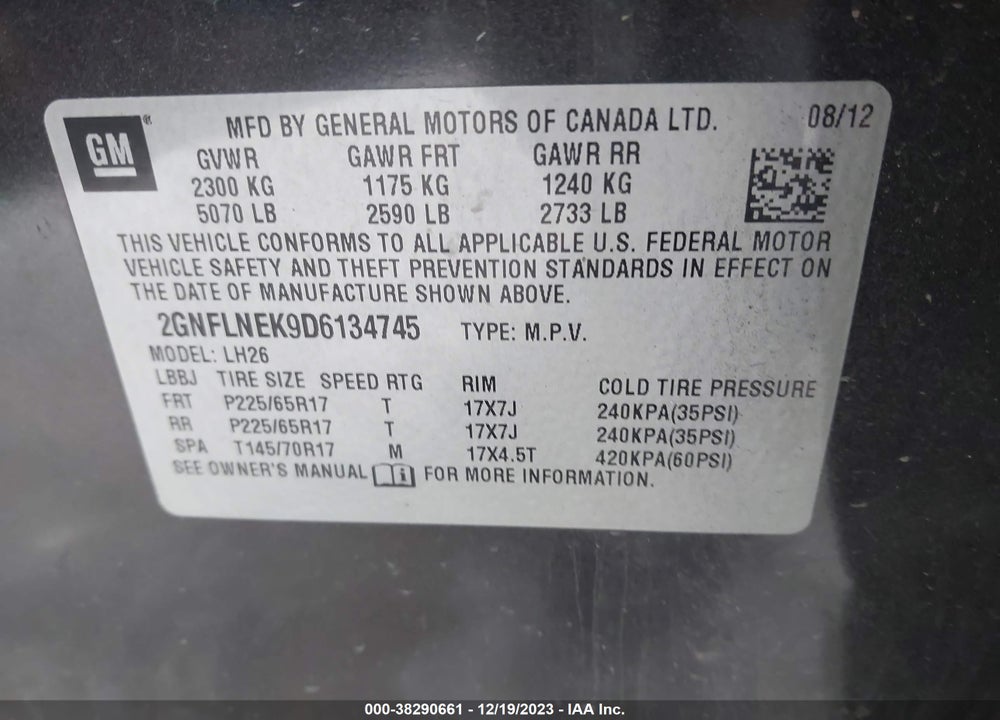2013 CHEVROLET EQUINOX 2LT VIN: 2GNFLNEK9D6134745