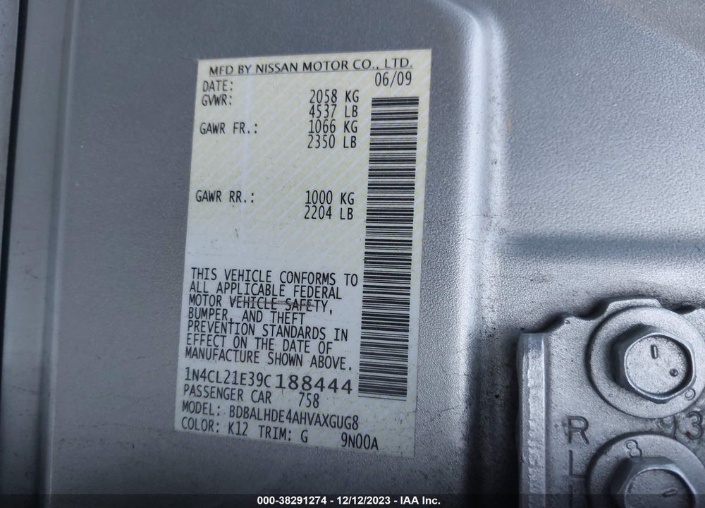 2009 NISSAN ALTIMA HYBRID VIN: 1N4CL21E39C188444
