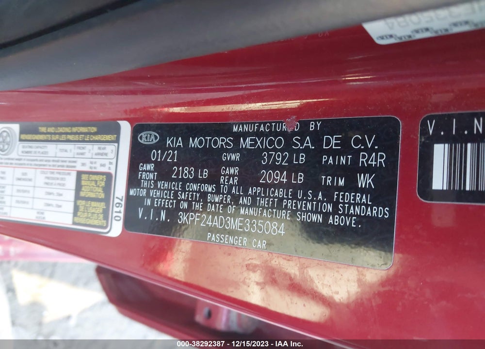 2021 KIA FORTE LXS VIN: 3KPF24AD3ME335084