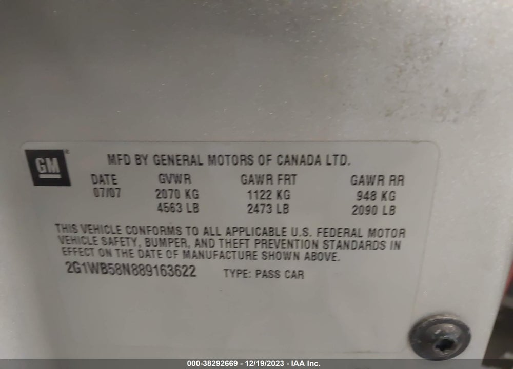 2008 CHEVROLET IMPALA LS VIN: 2G1WB58N889163622