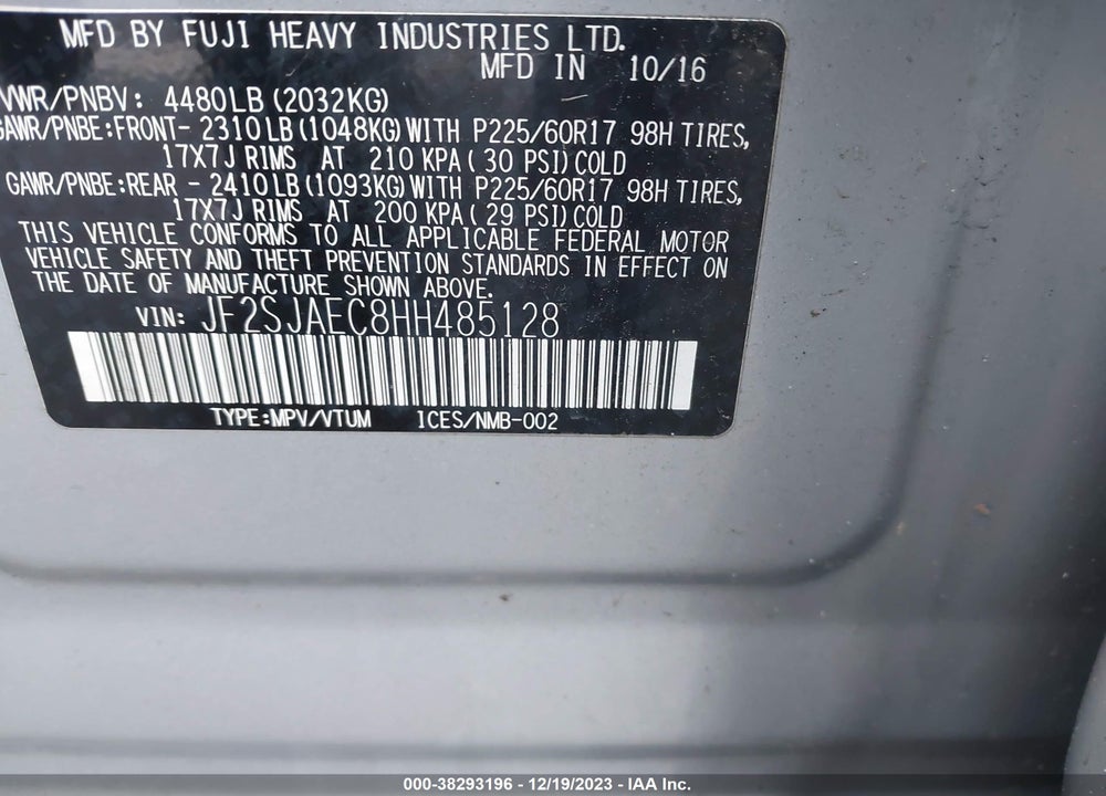 2017 SUBARU FORESTER 2.5I PREMIUM VIN: JF2SJAEC8HH485128