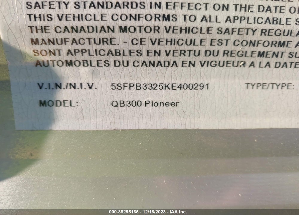2019 PIONEER QB300 TRAVEL TRAILER VIN: 5SFPB3325KE400291
