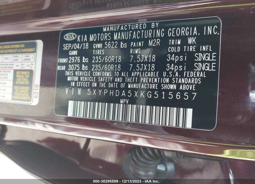 2019 KIA SORENTO 3.3L EX VIN: 5XYPHDA5XKG515657