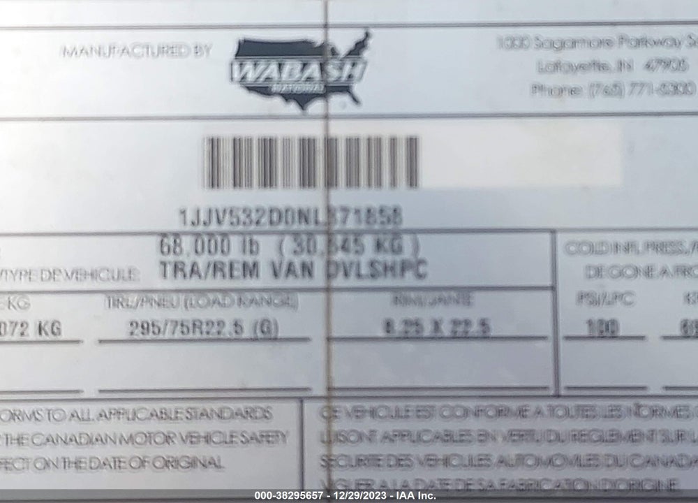 2022 WABASH NATIONAL CORP --- VIN: 1JJV532D0NL371858